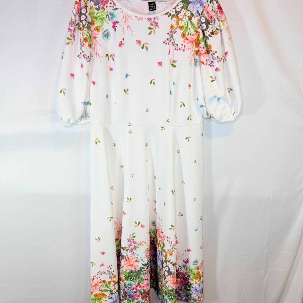 SHEIN Dress Women's White Multi XL Floral Print Puff Sleeve Midi